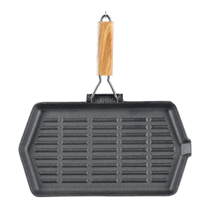 Grillpan gietijzer met opvouwbaar houten handvat, 35x21 cm - Grillpan gietijzer