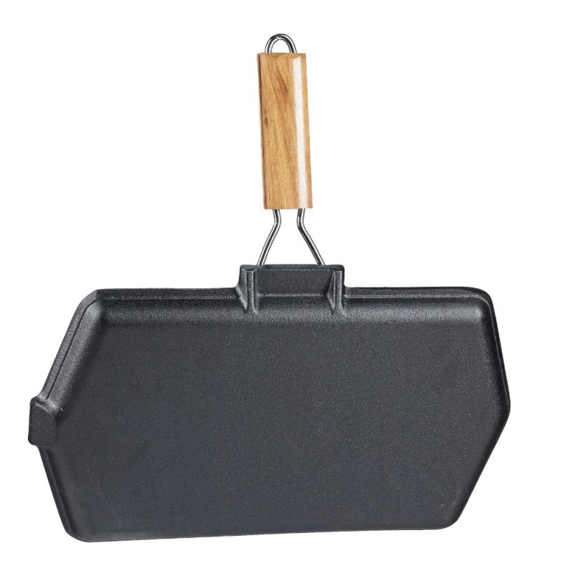 Grillpan gietijzer met opvouwbaar houten handvat, 35x21 cm | Gietijzeren pan |  |