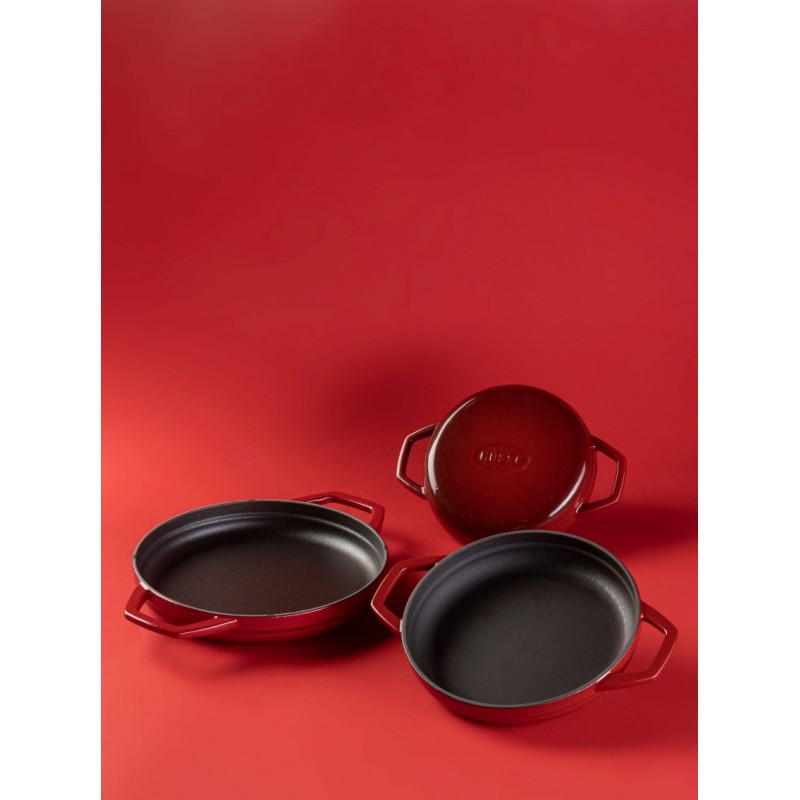 Geëmailleerde gietijzeren pan met twee handvatten Hosse, Rubin, Ф16cm | Platte gietijzeren pan | Gietijzeren pan |